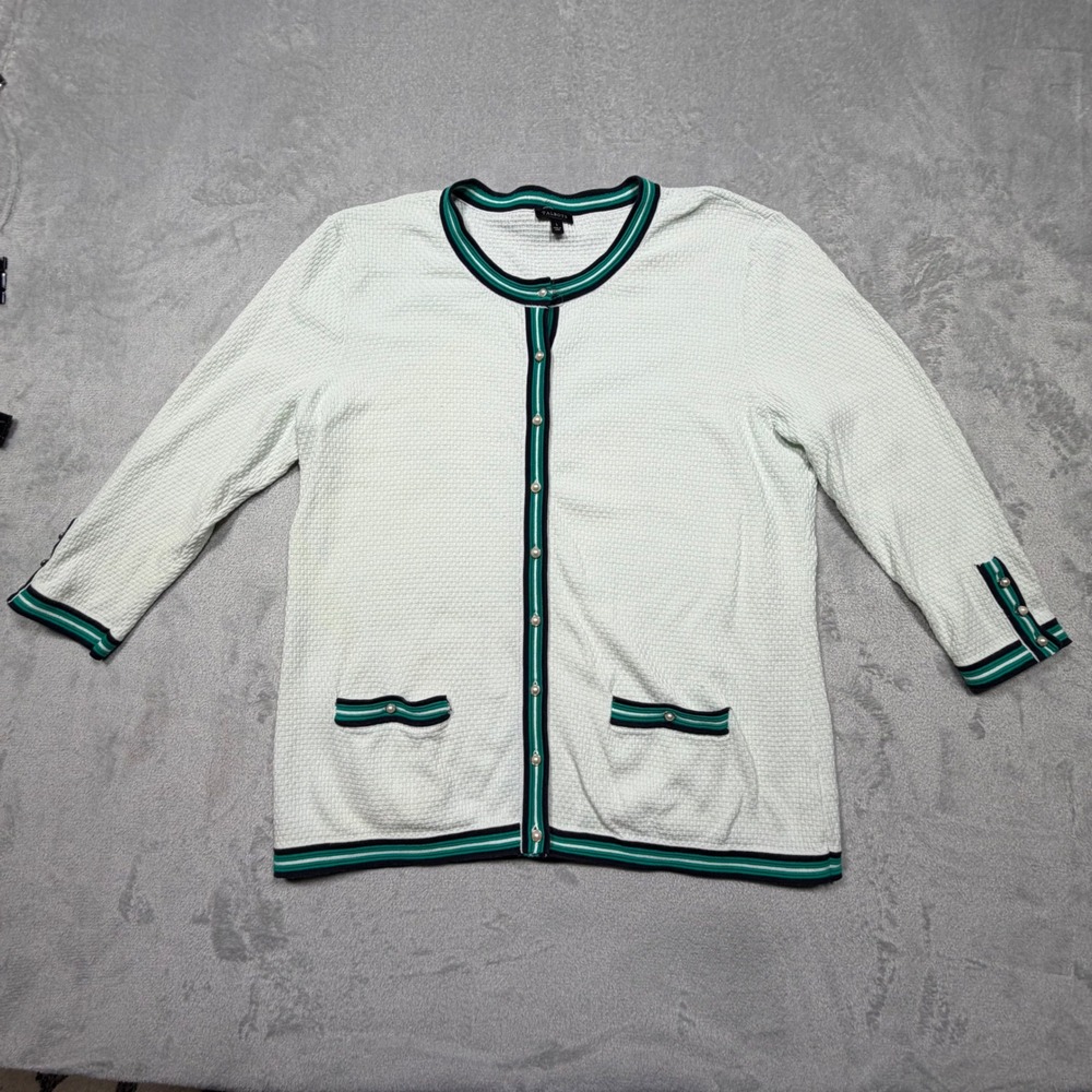 Vintage 2000s Talbots White Cotton Striped Cardigan Pearl Button Sweater L